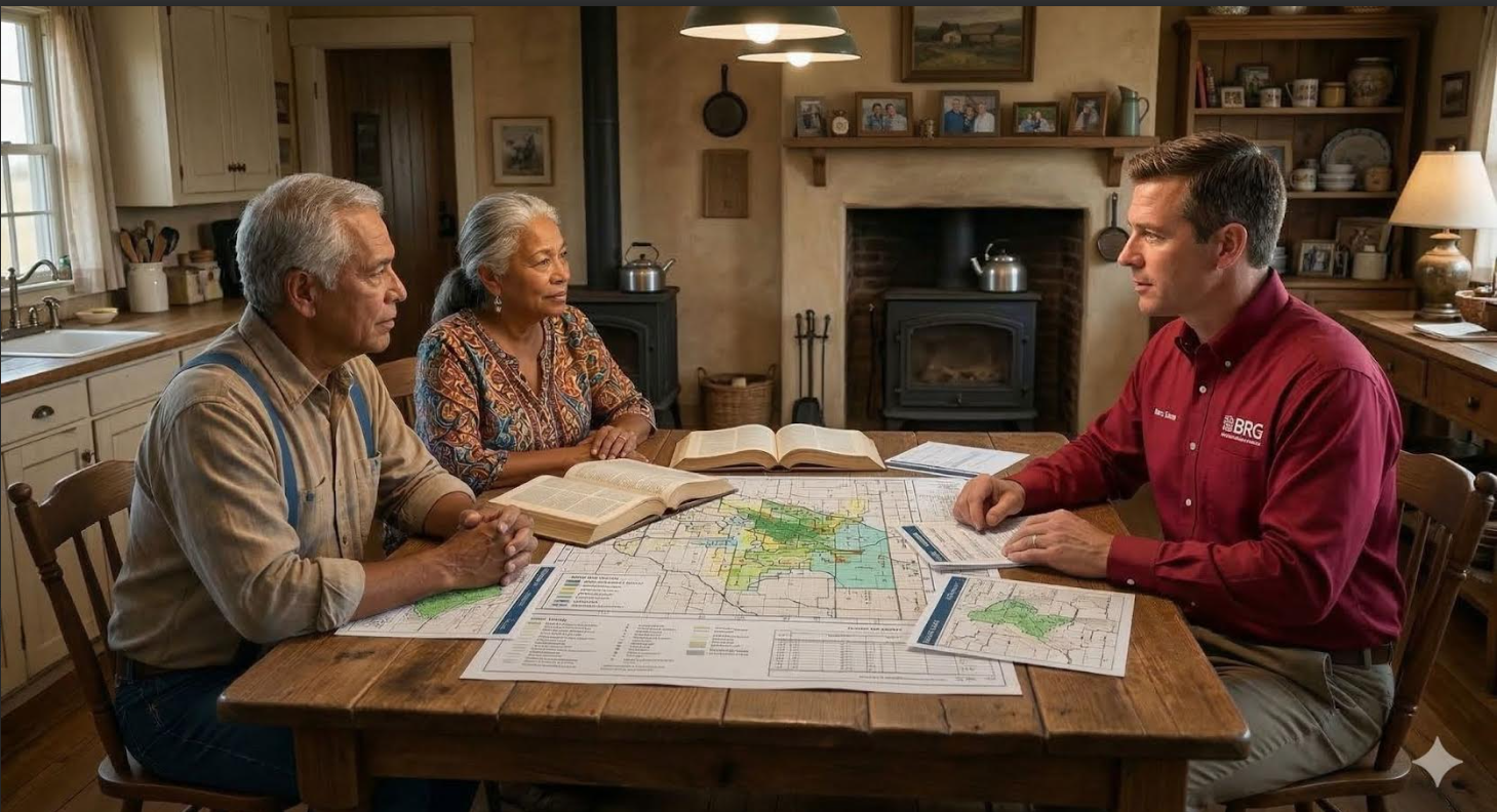Professional landmen reviewing maps and documents
